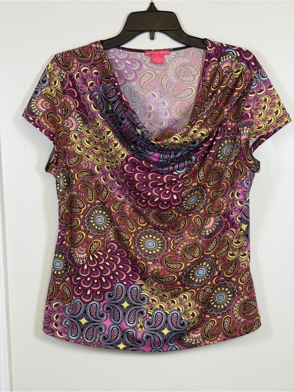 Sunny Leigh P XL Paisley Cowl Neck Top Pink Purple Boho Cap Sleeve